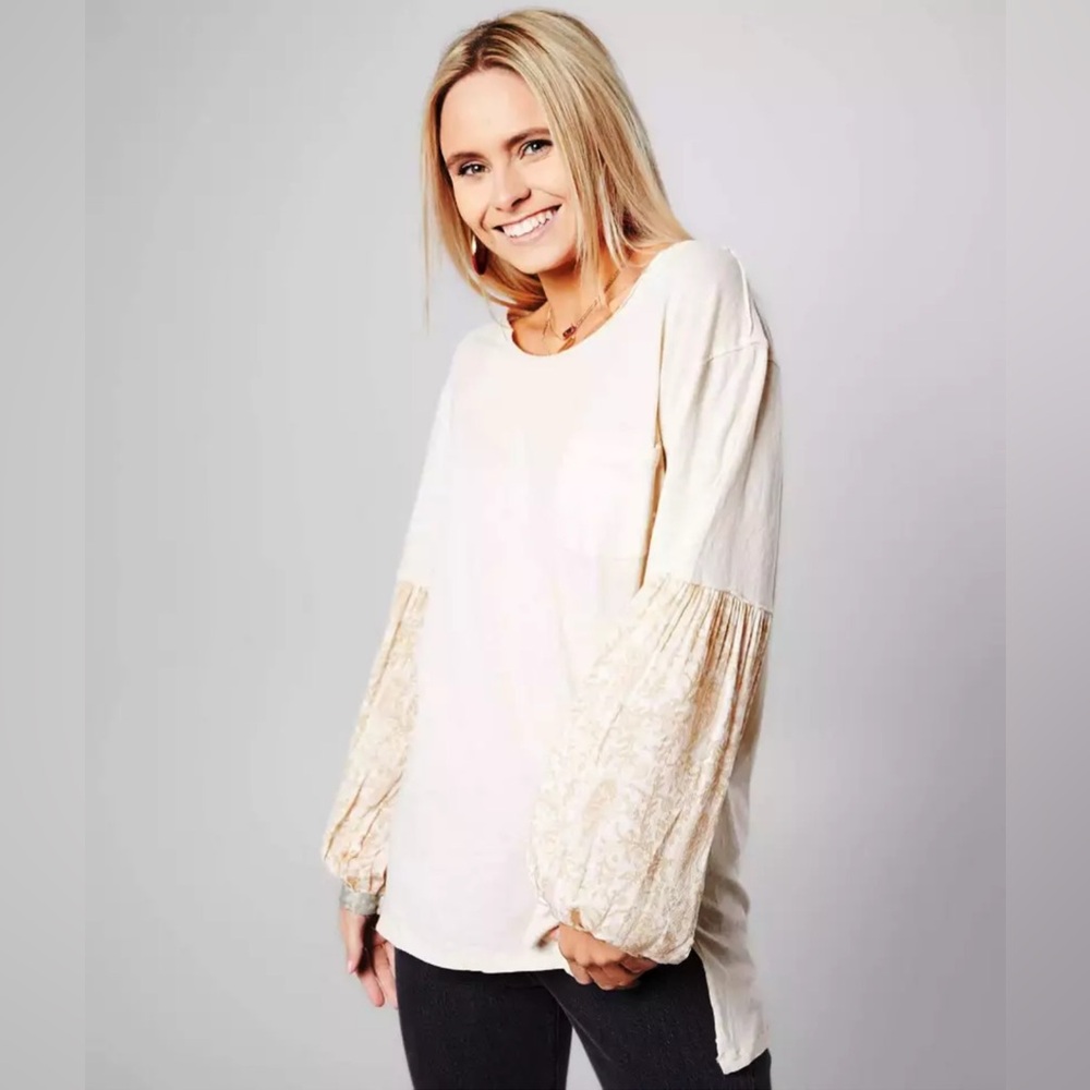 Free People Jade Printed Sleeve Cream Pocket Elegant Women's Top S M L - Picture 2 of 12